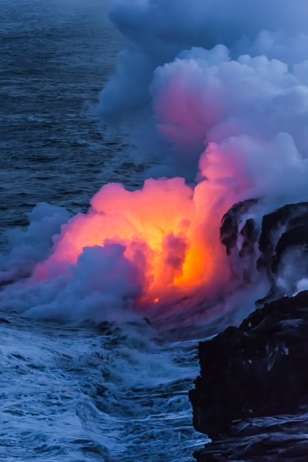 Molten Lava Hissing into the Pacific Ocean off the Big Island of
