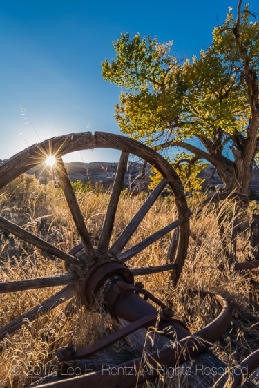 Old wood wagon wheel used for bringing in supplies to Kirk's Cabin, an early ranching outpost, in Salt Creek Canyon in The Needles District of Canyonlands National Park, Utah, USA